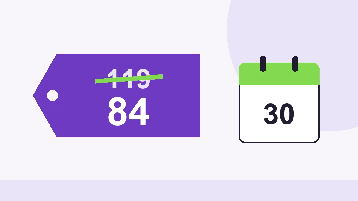 Etiqueta de precio con el precio anterior tachado junto a un calendario de 30 días